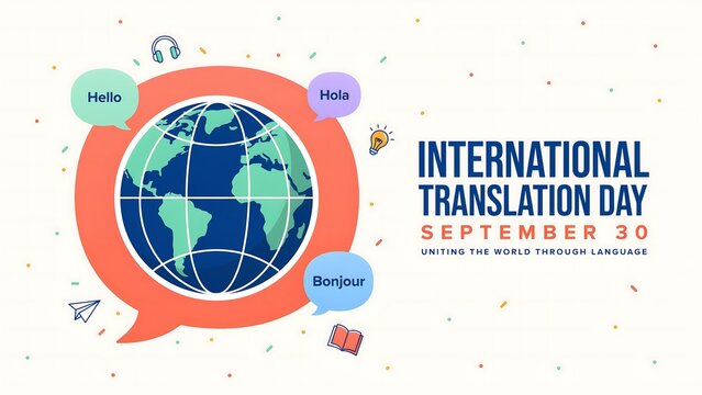 International translation day illustration with globe and speech bubbles