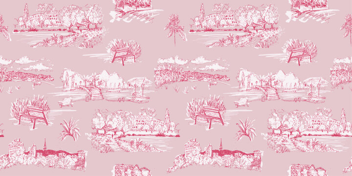 Toile De Jouy Seamless Pattern Vector, Coquette Pink City Park Urban Landscape Hand Drawn Engraving Wallpaper, Vintage Botanical Garden Bratislava Bridge Lake Textile Fabric Surface Banner Design
