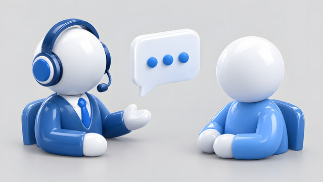3D Customer Support Agent with Headset and Speech Bubble Talking to Client