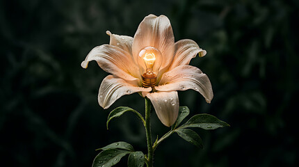 Fototapeta premium A luminous light bulb nestled within the delicate petals of a blossoming flower, symbolizing the gentle emergence of a brilliant idea or profound inspiration from nature