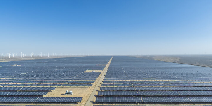 Vast Solar Photovoltaic Farm and Wind Turbines in Gobi Desert
