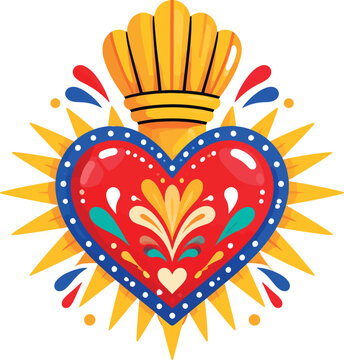 Mexican sacred heart vector illustration with colorful folk art patterns for religious decoration.