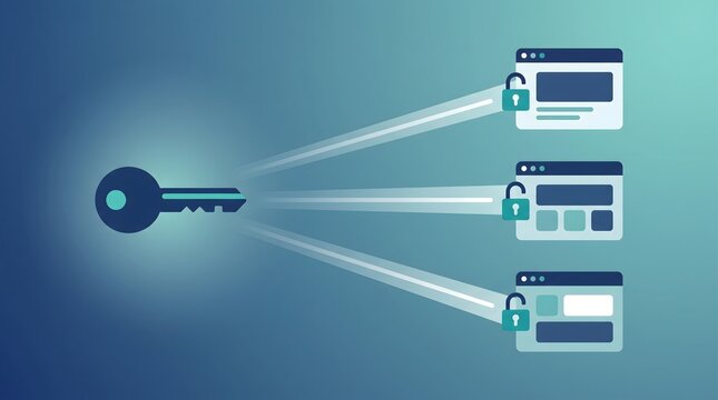Single sign-on SSO concept with central key and connected app windows, vector illustration