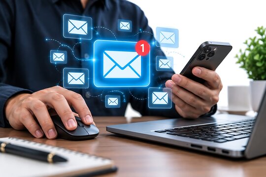 Person using smartphone and mouse with laptop, connected email icons symbolizing communication.