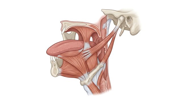 Lateral anatomical diagram of human oral cavity showcasing the extrinsic tongue muscles and muscular attachments