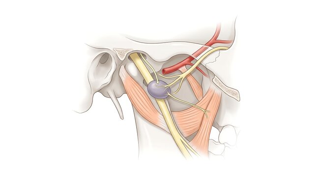 Detailed neurological diagram of infratemporal fossa highlighting human otic ganglion and nerve branches