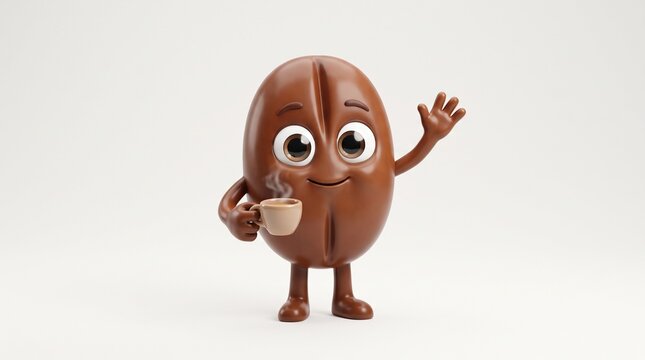 Cute 3D animated coffee bean character waving hello while holding a steaming cup of fresh coffee