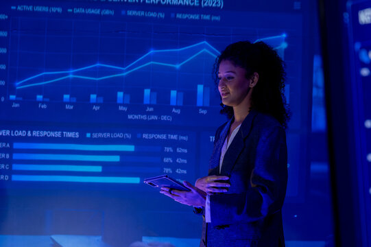 Businesswoman presenting glowing performance dashboard with charts and response metrics during technology meeting, conveying focused confidence in modern office