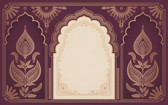 Ornate traditional indian archway frame featuring intricate golden paisley floral motifs set against a deep luxurious plum background providing an elegant empty space for personalized text or festive 