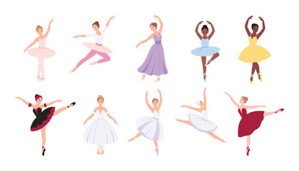 Fototapeta premium Graceful ballet dancers vector set featuring diverse women ballerinas posing and jumping in beautiful colorful dresses on white background