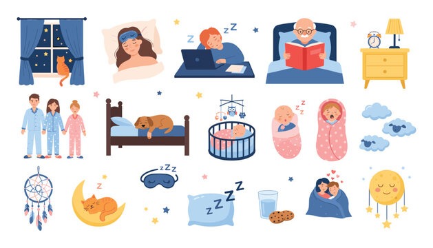 Healthy sleep and bedtime routine vector illustrations set featuring people sleeping in bed baby crib night symbols white background