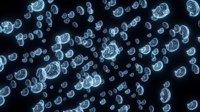 漆黒の空間に無数の光る脳のアイコンが浮遊する抽象的な医療テクノロジー動画