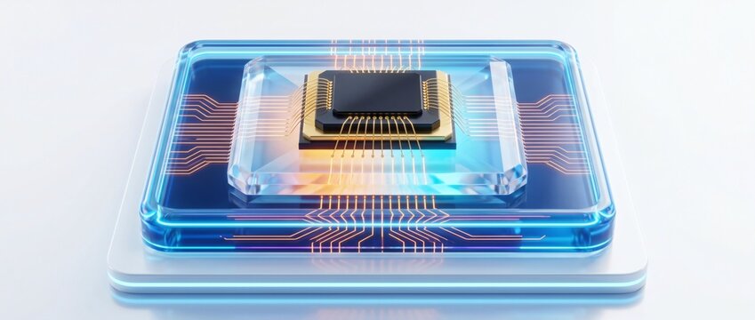 Central microprocessor hardware, square silicon CPU chip mounted on glowing transparent circuit pedestal. High performance semiconductor processor handles complex computational tasks on board.