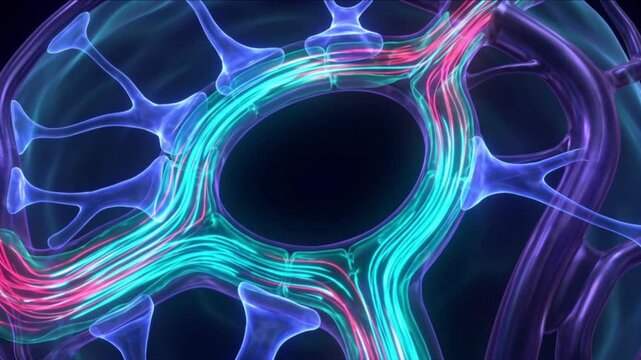 血液脳関門におけるアストロサイトと毛細血管の生体分子輸送を描いた医療CG