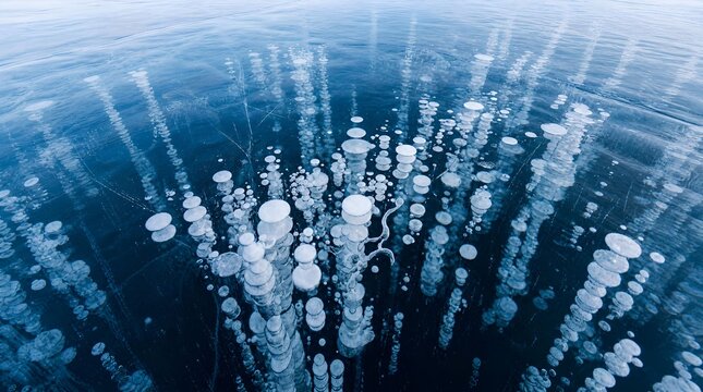 Detailed frozen methane ice bubbles under a clear blue frozen lake surface, premium abstract winter texture, Generative AI