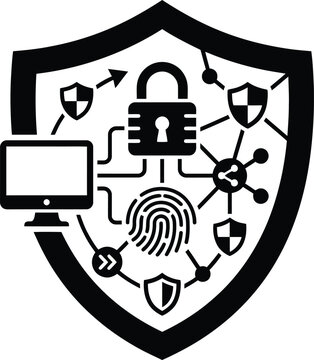 Cyber security shield with padlock computer fingerprint and network symbols for data protection and digital privacy.
