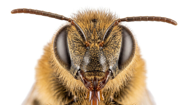 Macro honey bee portrait on white background, detailed honeybee head with compound eyes and antennae, extreme close-up of fuzzy golden insect