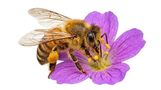 Honey bee collecting pollen on purple flower, macro insect photography on white background, honeybee pollinating spring blossom