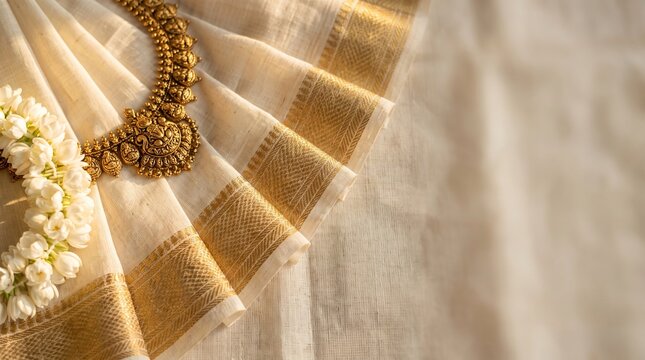 Close-up of authentic off-white Kerala Kasavu cotton fabric with zari border  