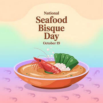 National seafood bisque day celebration poster with shrimp soup bowl