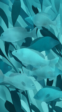 Monochrome Blue Fish School in Underwater Foliage