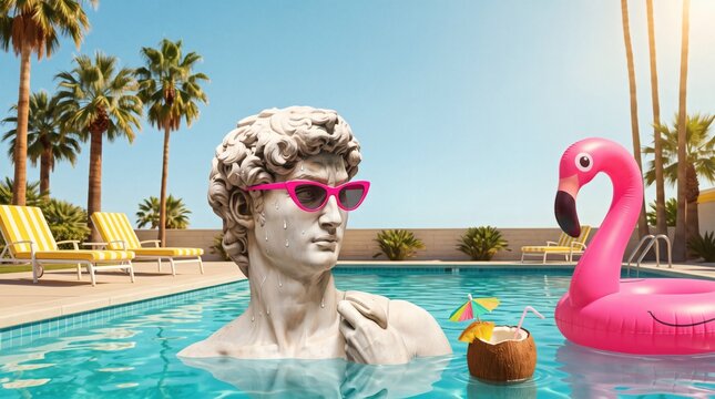 Mediterranean summer leisure, classical Roman marble bust wearing sunglasses relaxing in resort pool. Humorous vacation travel artwork features pink flamingo floatie and cold cocktail glass.