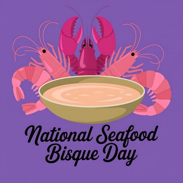 National seafood bisque day illustration with a bowl of creamy soup surrounded by lobster and shrimp