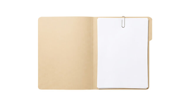 Open manila folder with a stack of blank white papers clipped together isolated on transparent background png