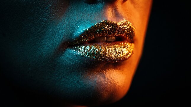Close up of woman lips with golden glitter makeup