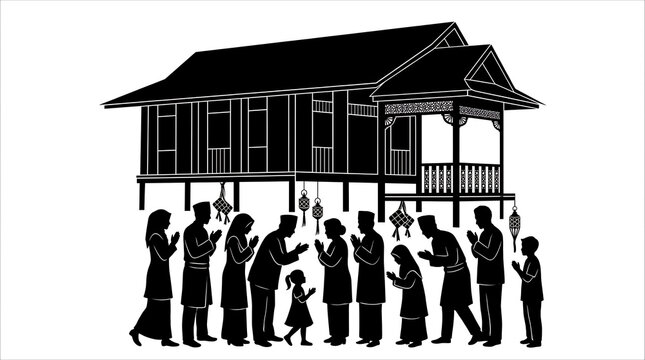 A detailed black silhouette vector illustration of a traditional wooden Malay stilt house (rumah kampung) with family members greeting and seeking forgiveness during Hari Raya Aidilfitri celebrations.
