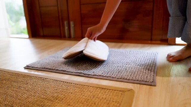 Woman placing white slippers on floor mat and stepping into them indoors for comfort.