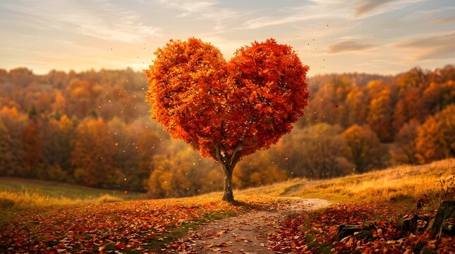 Autumnal heart shaped tree on hillside with falling leaves at golden hour