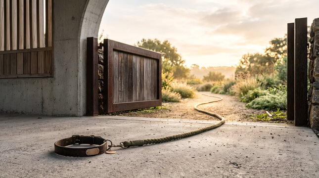 Dog collar and leash on a concrete floor leading towards an open garden gate at sunrise with warm morning light
