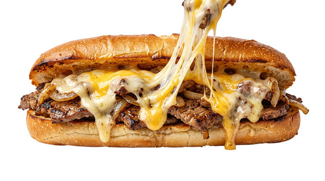 Philly cheesesteak sandwich with melting cheese pull, toasted hoagie roll with grilled beef and onions, gourmet steak sub on white background