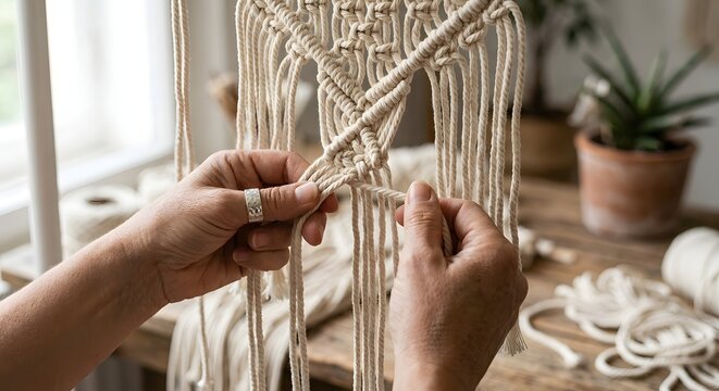 hands tying intricate macram&eacute; knots, natural daylight