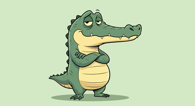 Funny cartoon alligator standing with arms crossed looking unimpressed.