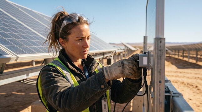 Women in Climate Tech Leadership concept. Technician working on solar panels in a renewable energy field.