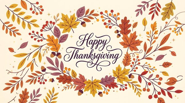 Festive thanksgiving floral wreath with calligraphy autumn holiday greeting design