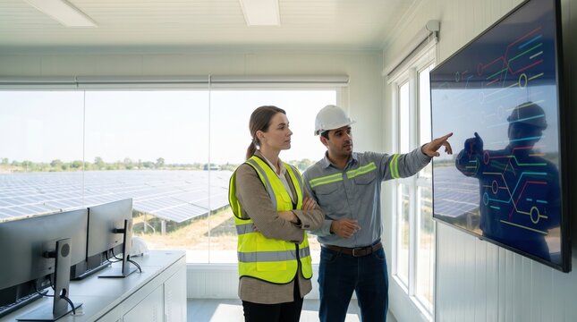 Women in Climate Tech Leadership concept. Professionals discussing solar energy in a control room.