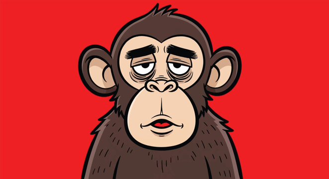 Tired chimpanzee cartoon character illustration with a red background.
