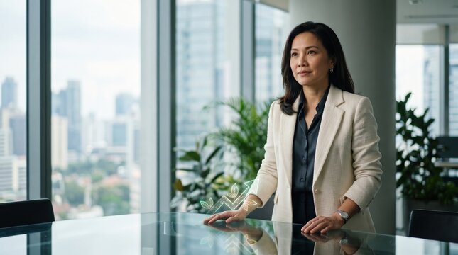 Women in Climate Tech Leadership concept. Professional woman in a modern office with city skyline view.