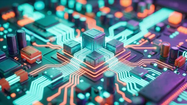 未来的な電子回路基板のトポロジーと光る配線を拡大する3Dアニメ動画