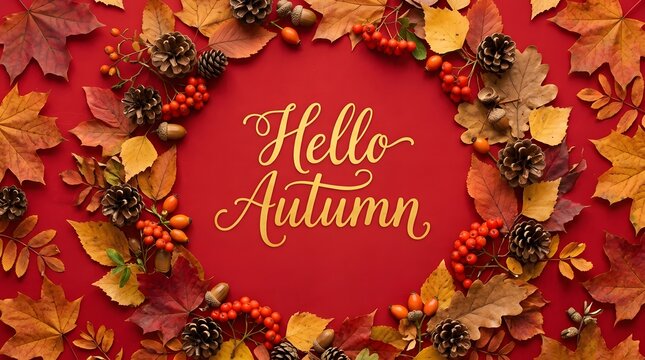 Autumnal flatlay with calligraphy fall leaves pinecones and berries on red background