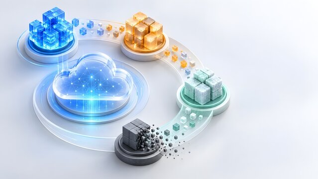 Holographic cloud computing platform processing modular data cubes representing digital aggregation block storage and advanced software architecture.