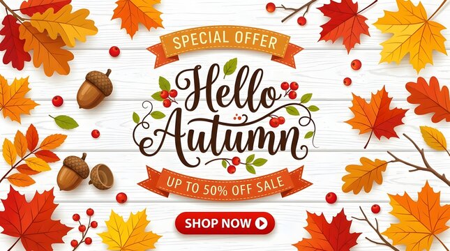 Autumn sale banner with maple leaves acorns and call to action for seasonal promotions