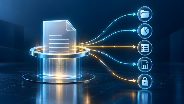 Glowing digital document interface splitting into multiple data streams and functional icons representing automated workflow and intelligent file management systems.