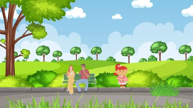 Animated 2D vector cartoon park scene with a family walking dogs and relaxing on a bench in a sunny green garden for lifestyle motion graphics