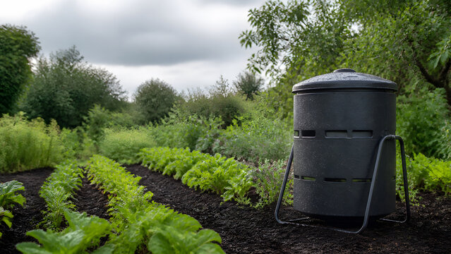 Unbranded Compost Tumbler in a Restored Community Garden