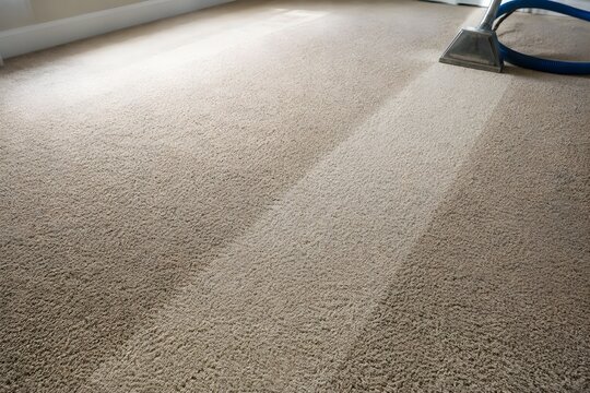 Carpet cleaning result showing a clean stripe across a neutral floor with equipment resting in the background