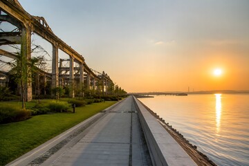 Fototapeta premium Reconstructed waterfront promenade beside damaged warehouse shells converted into green open spaces with calm water and sunrise light